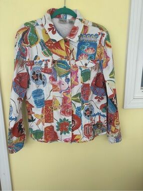 Chico's Multicolor Abstract Button-Up with Red, Blue & Yellow Accents